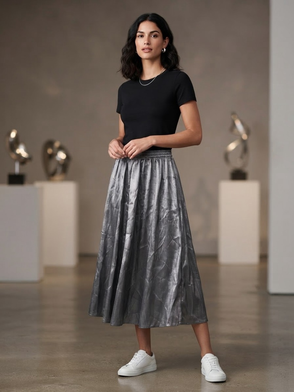 MAGGIE SWEET Metallic Black Midi Skirt with Elastic Waist